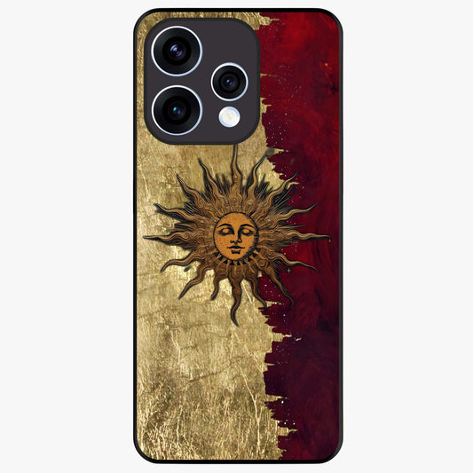 Crimson Sun Majesty Glass Case showing flat back view with radiant sun inspired artwork and glossy glass finish.