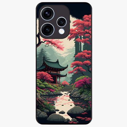 Crimson Temple View Glass Case showing flat back view with temple inspired artwork and glossy glass finish.