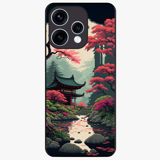 Crimson Temple View Glass Case showing flat back view with temple inspired artwork and glossy glass finish.
