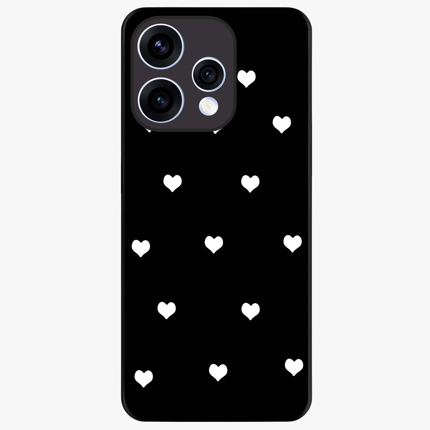 Cute And Simple White Hearts Glass Case showing flat back view with minimal white heart pattern and glossy glass finish.