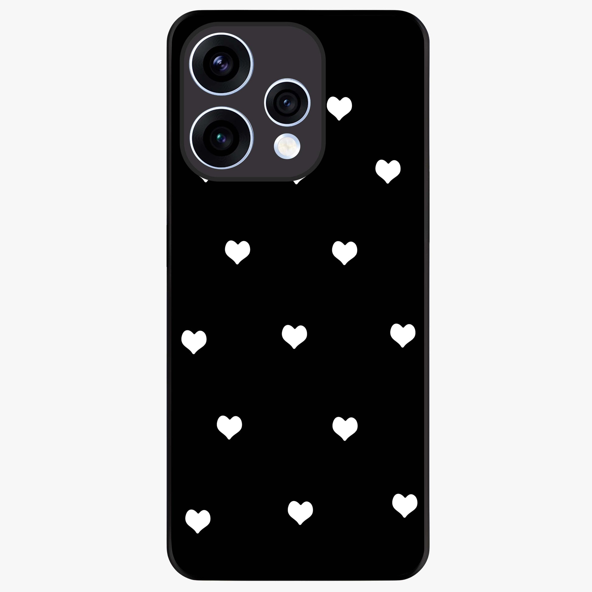 Cute And Simple White Hearts Glass Case showing flat back view with minimal white heart pattern and glossy glass finish.