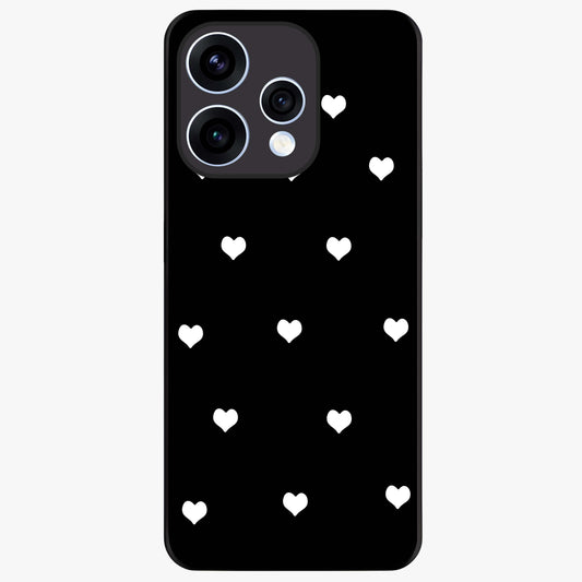 Cute And Simple White Hearts Glass Case showing flat back view with minimal white heart pattern and glossy glass finish.