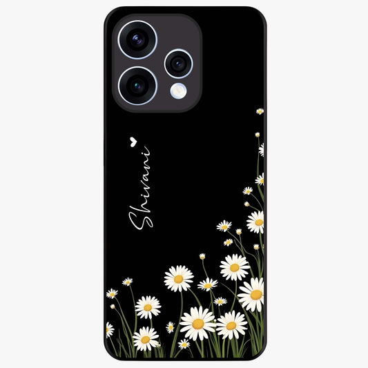 Daisy Cascade Custom Name Glass Case showing flat back view with cascading daisy flowers and personalized name design.