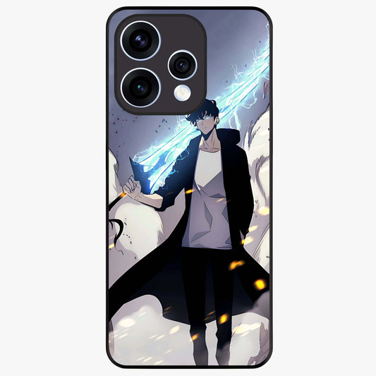 Dark Lightning Anime Warrior Glass Case showing flat back view with intense anime warrior artwork and glossy glass finish.