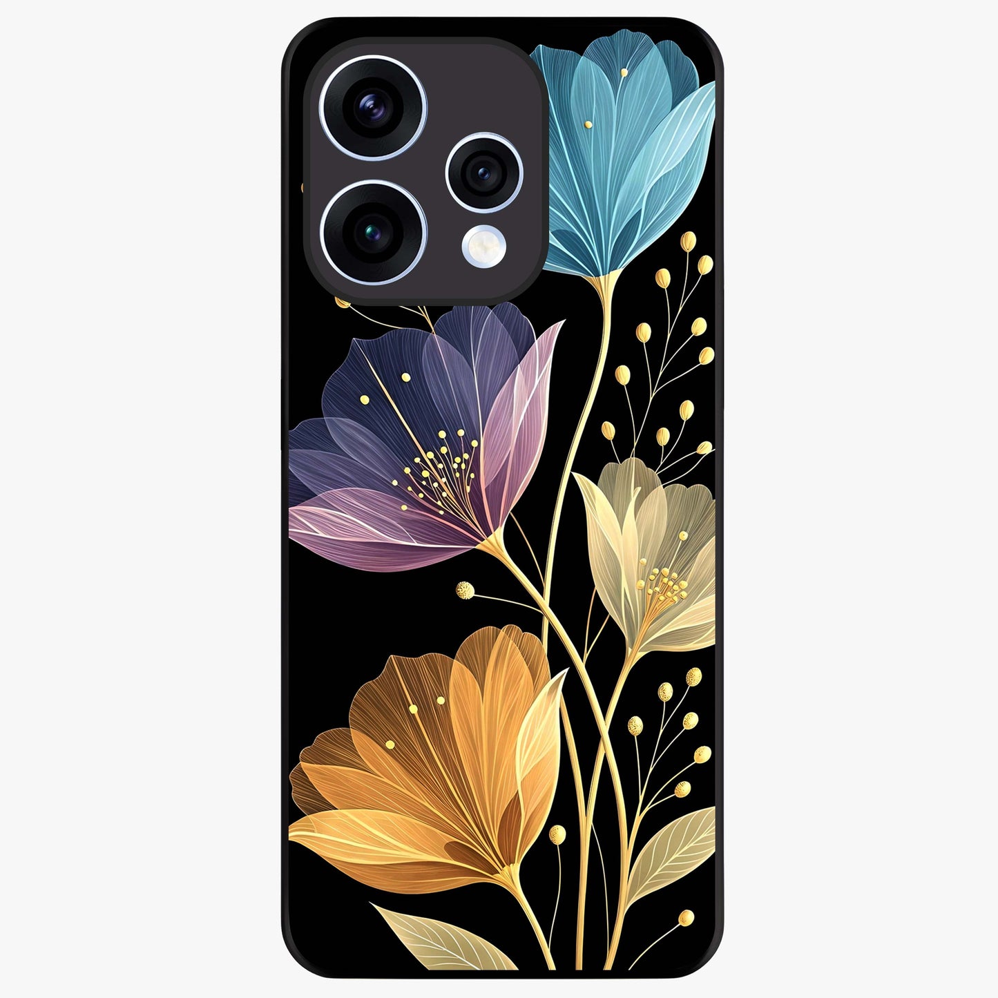 Delicate Multicolor Flowers Glass Case showing flat back view with vibrant floral artwork and glossy glass finish.