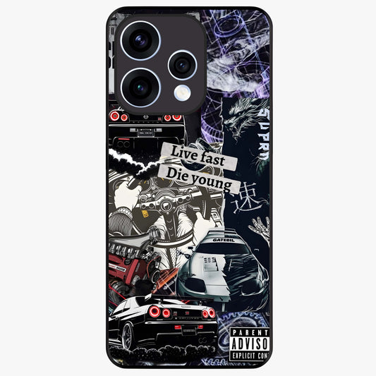 Die Young Glass Case showing flat back view with bold artistic typography design and glossy glass finish.