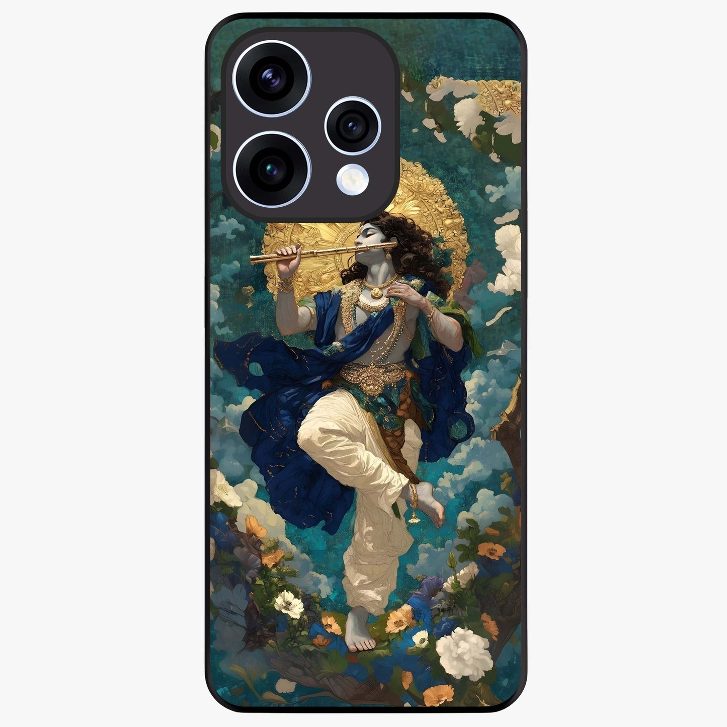 Divine Krishna Art Glass Case showing flat back view with Lord Krishna artwork and glossy glass finish.