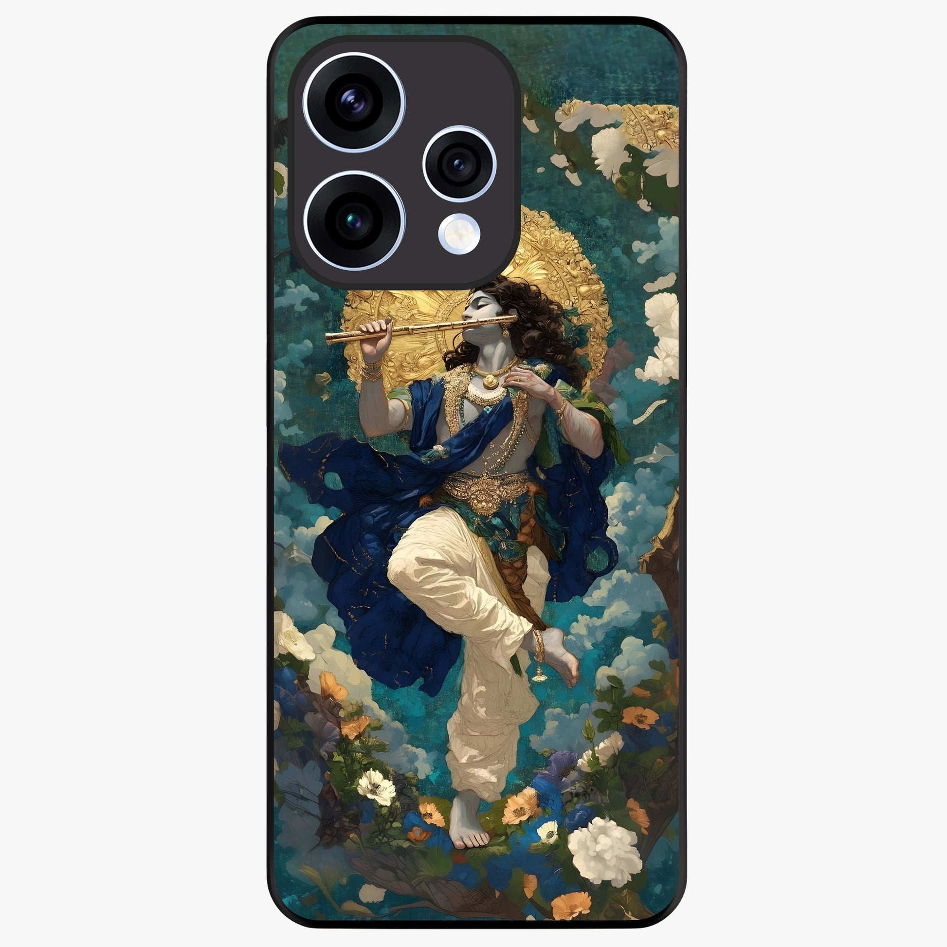 Divine Krishna Art Glass Case showing flat back view with Lord Krishna artwork and glossy glass finish.