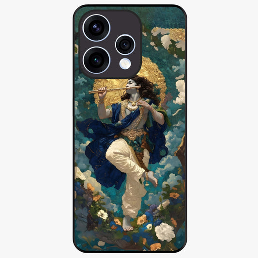 Divine Krishna Art Glass Case showing flat back view with Lord Krishna artwork and glossy glass finish.