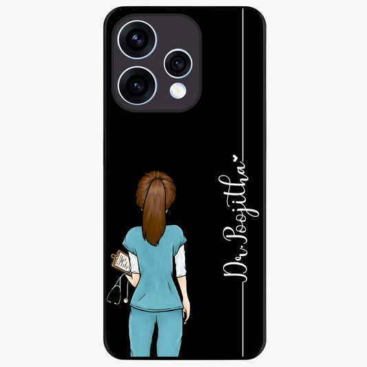 Doctor Pattern Custom Name Glass Case showing flat back view with medical themed pattern and personalized name design.