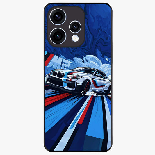 Drift Power Rush Glass Case showing flat back view with dynamic racing inspired artwork and glossy glass finish.