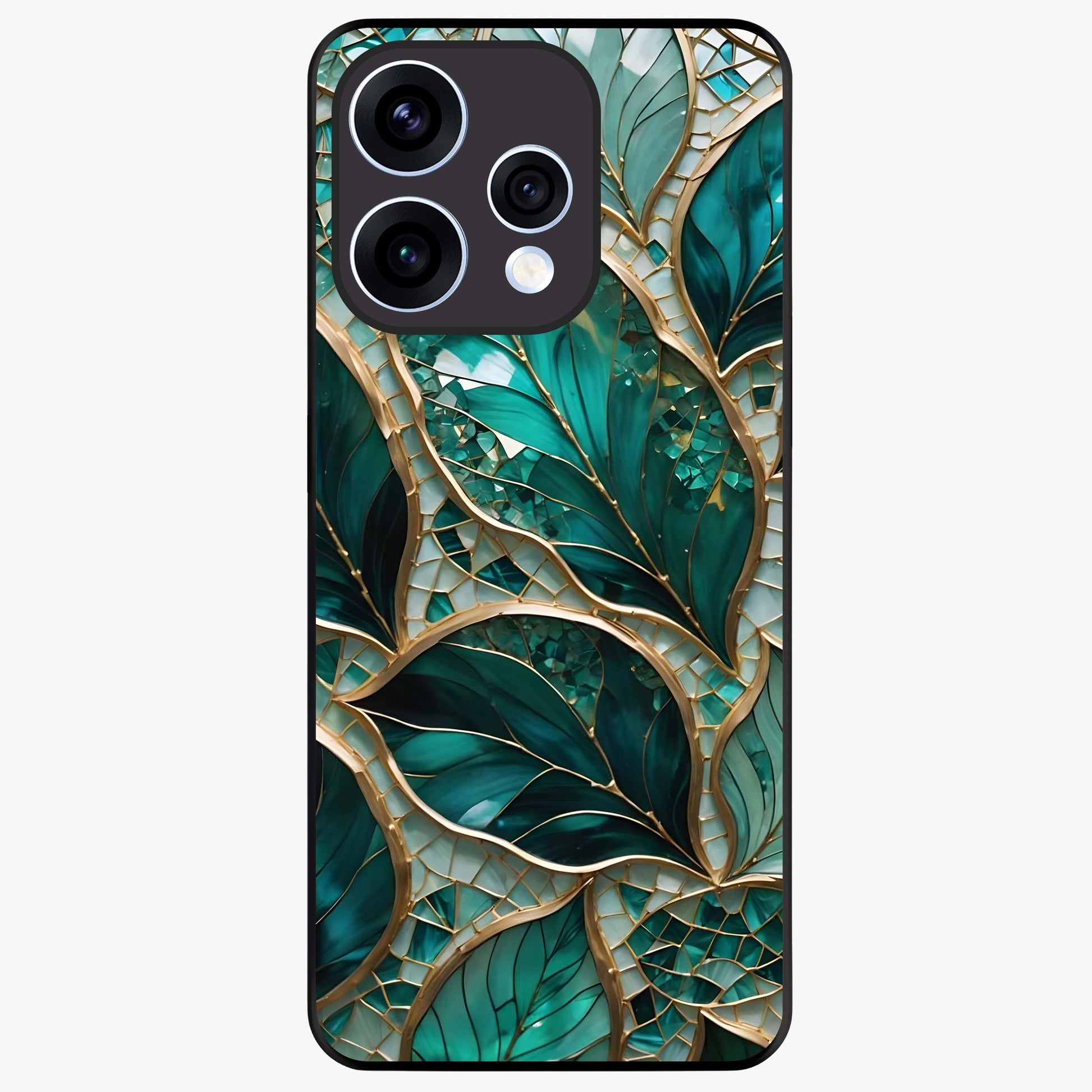 Emerald Leaf Glass Glass Case showing flat back view with emerald green leaf artwork and glossy glass finish.