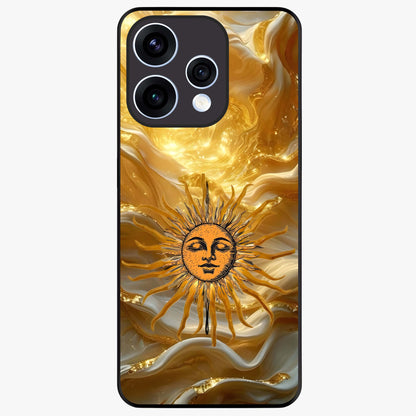 Eternal Golden Glow Glass Case showing flat back view with radiant golden themed artwork and glossy glass finish.