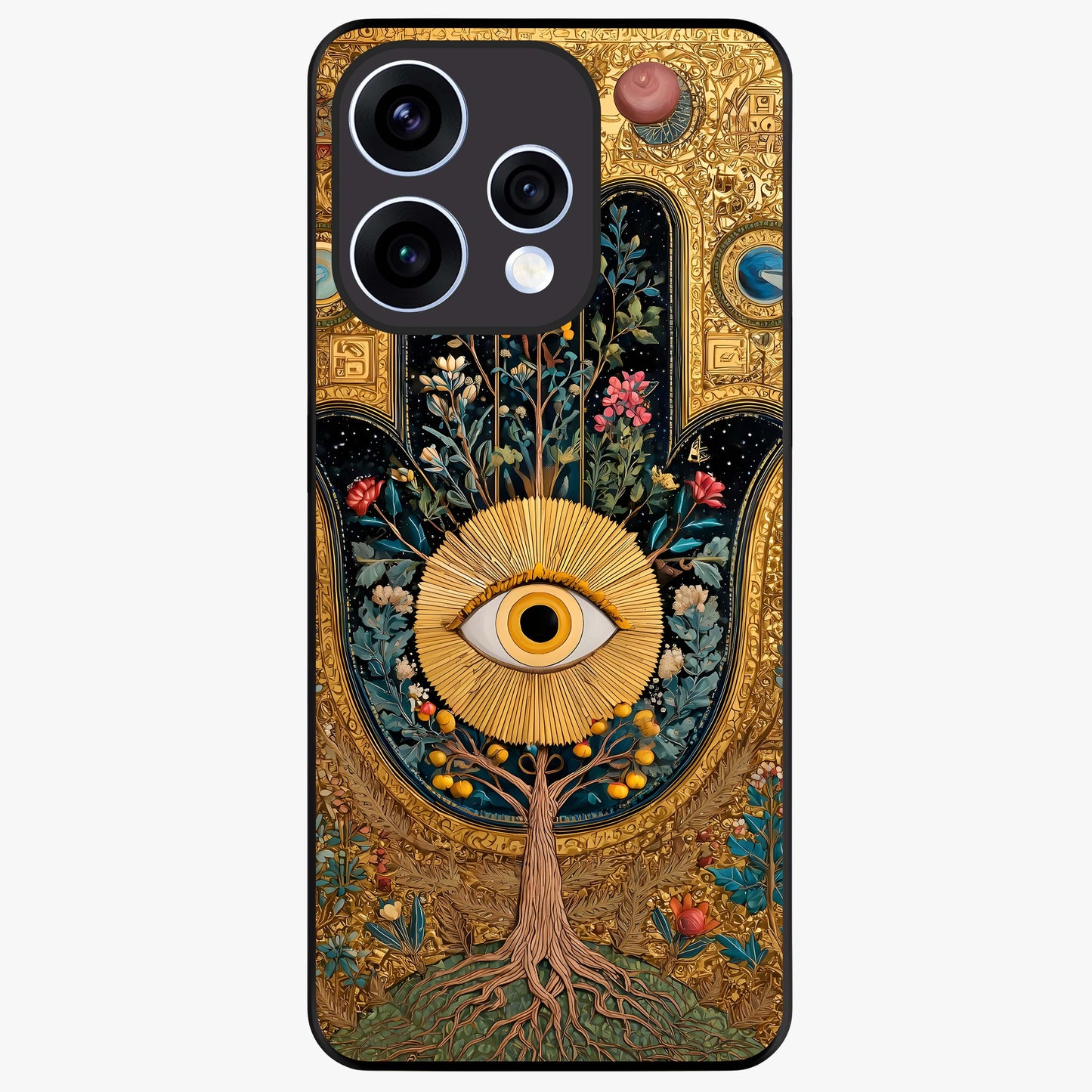 Ethereal Evil Eye Glass Case showing flat back view with mystical evil eye artwork and glossy glass finish.