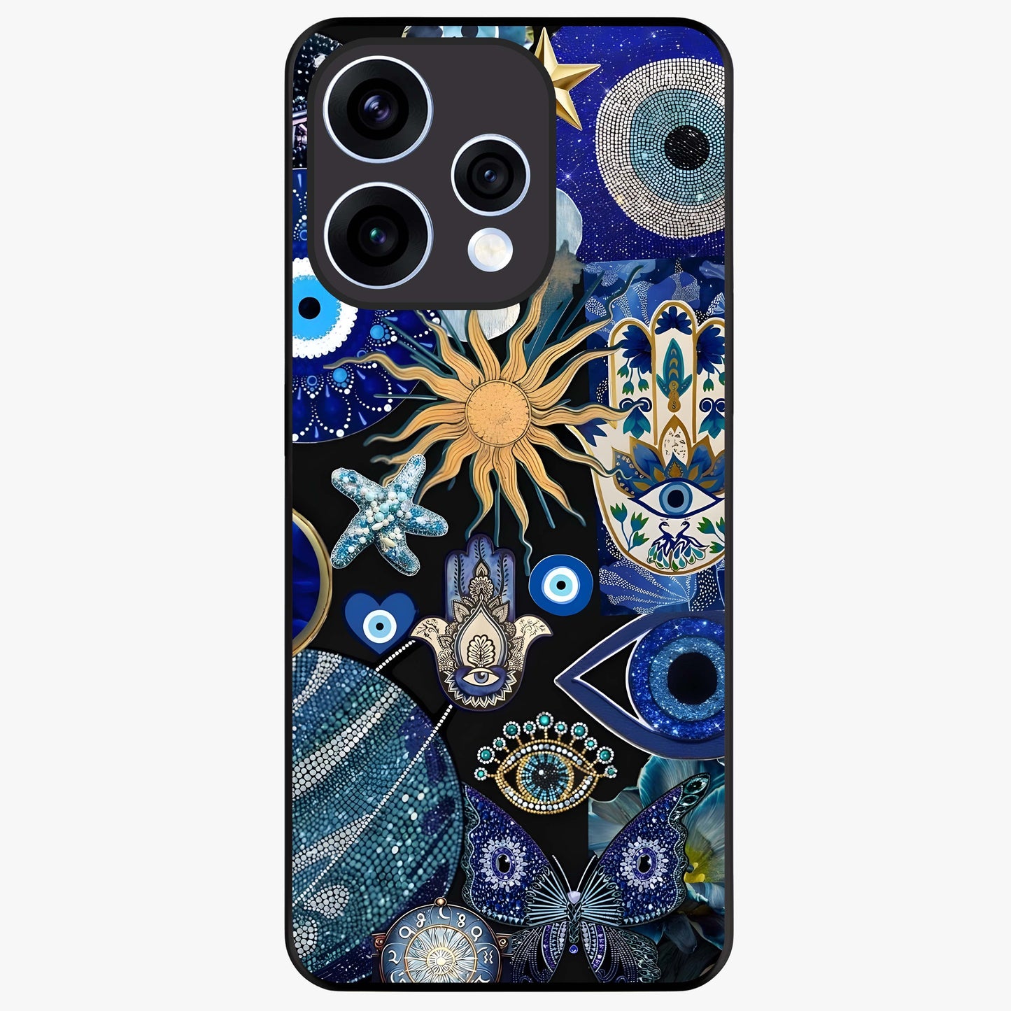Evil Eye Charm Mix Glass Case showing flat back view with multiple evil eye charms artwork and glossy glass finish.