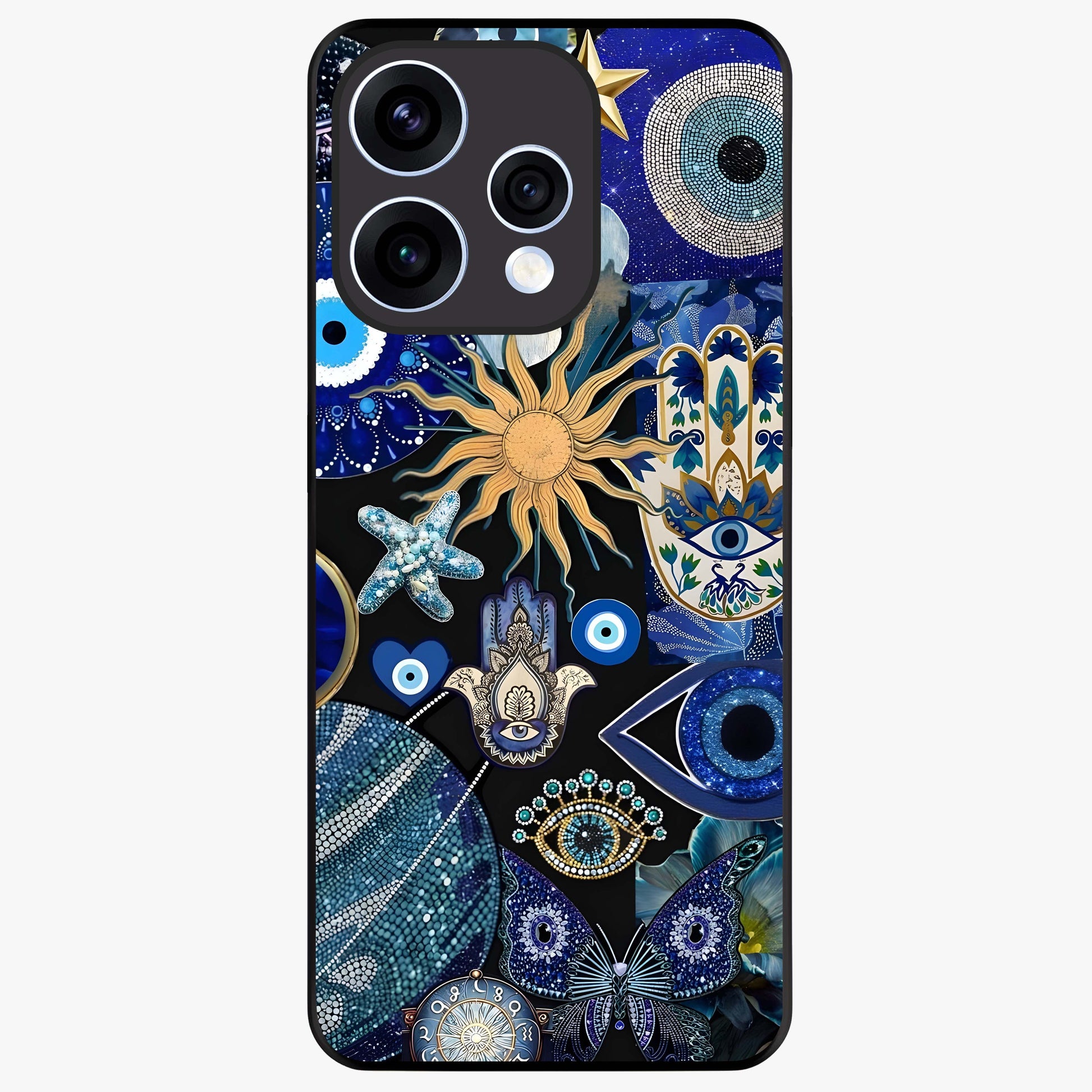 Evil Eye Charm Mix Glass Case showing flat back view with multiple evil eye charms artwork and glossy glass finish.
