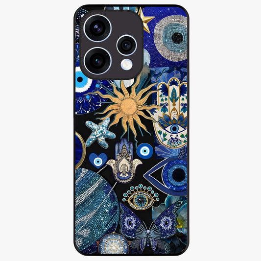 Evil Eye Charm Mix Glass Case showing flat back view with multiple evil eye charms artwork and glossy glass finish.