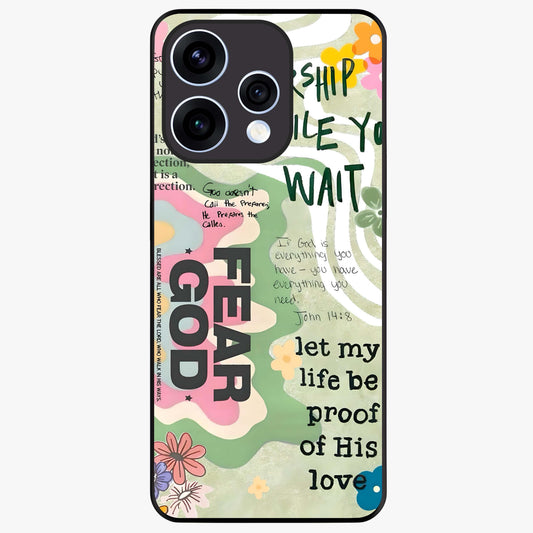 Faith Over Fear Glass Case showing flat back view with motivational typography artwork and glossy glass finish.