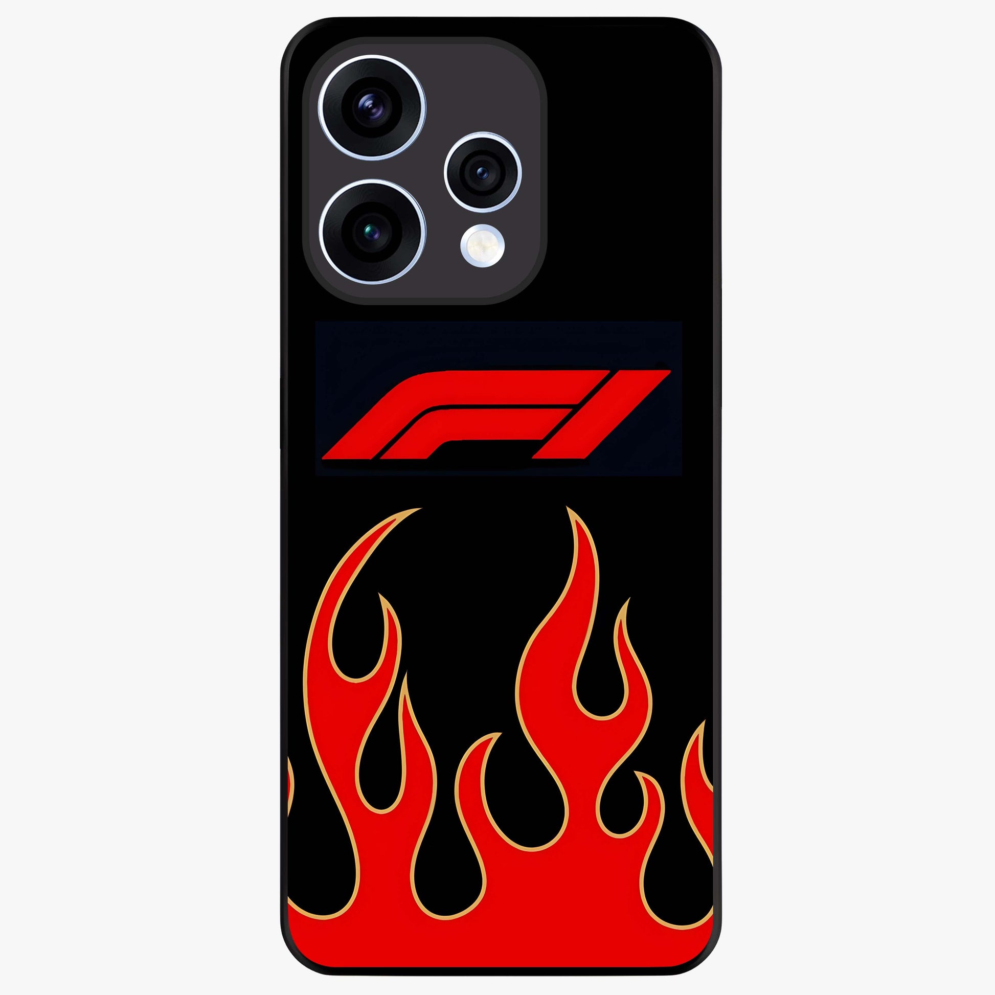Fire F11 Glass Case showing flat back view with fiery themed artwork and glossy glass finish.