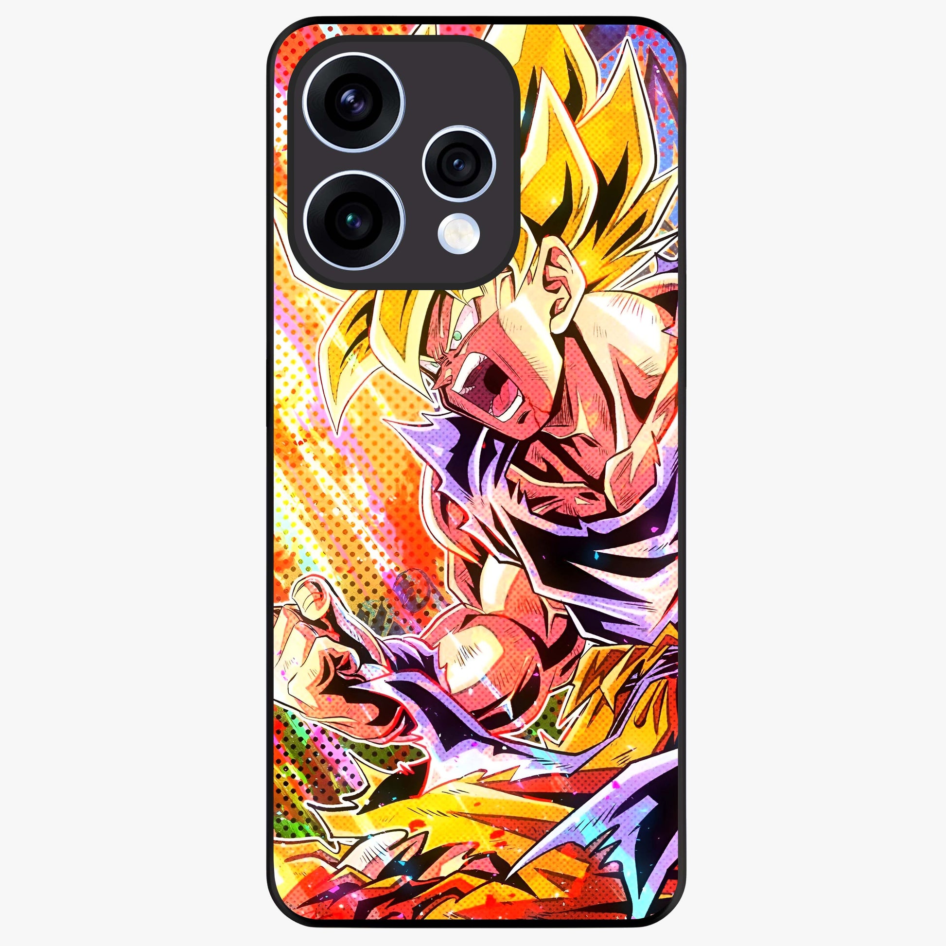 Firing Goku Glass Case showing flat back view with powerful anime inspired artwork and glossy glass finish.