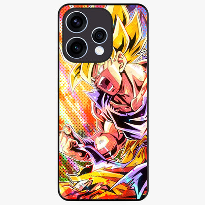 Firing Goku Glass Case showing flat back view with powerful anime inspired artwork and glossy glass finish.