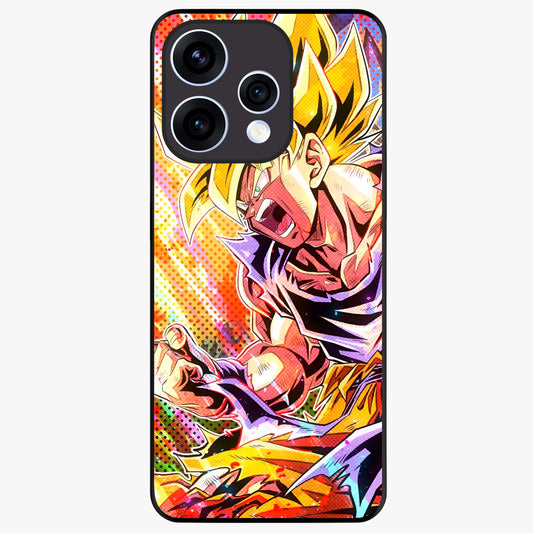 Firing Goku Glass Case showing flat back view with powerful anime inspired artwork and glossy glass finish.