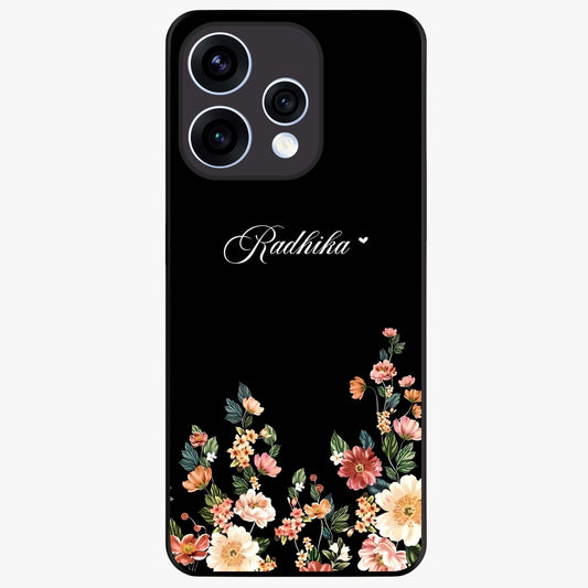 Floral Design With a Custom Personalized Name Glass Case showing flat back view with floral artwork and personalized name design.