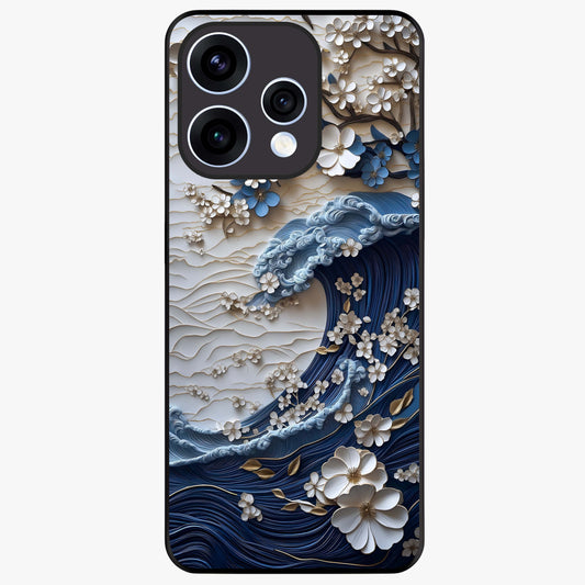 Floral Wave Origami Glass Case showing flat back view with origami inspired floral wave artwork and glossy glass finish.