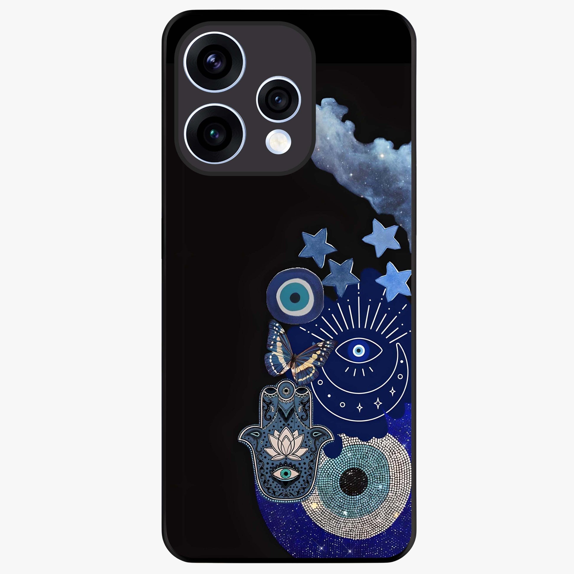 Galactic Charm Cluster Glass Case showing flat back view with glowing celestial charm artwork and glossy glass finish.