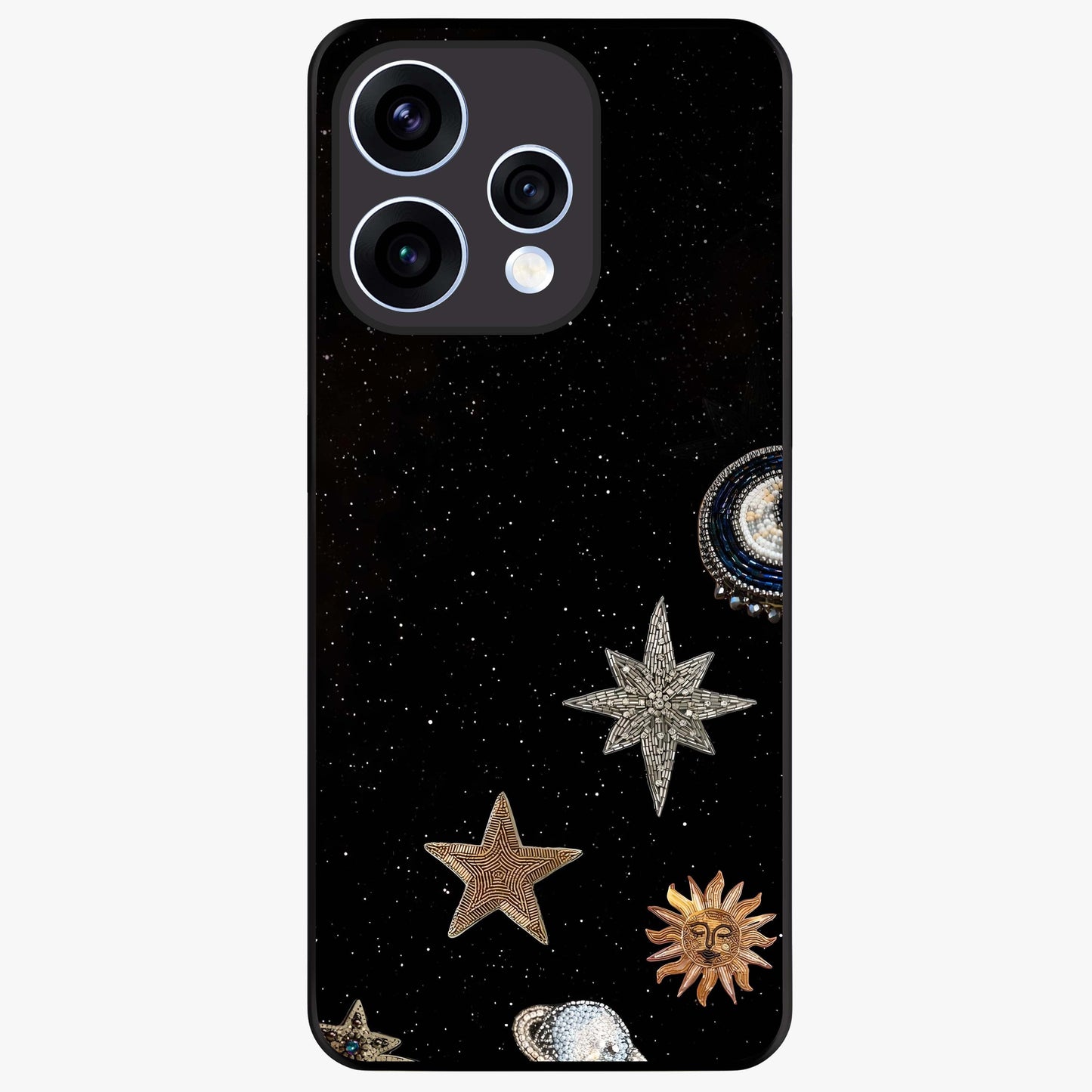 Galactic Charm Glow Glass Case showing flat back view with glowing celestial charm artwork and glossy glass finish.