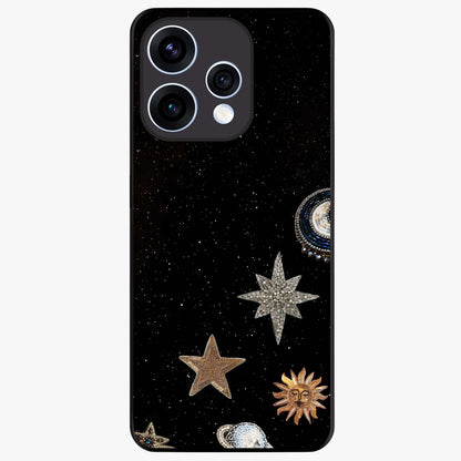 Galactic Charm Glow Glass Case showing flat back view with glowing celestial charm artwork and glossy glass finish.