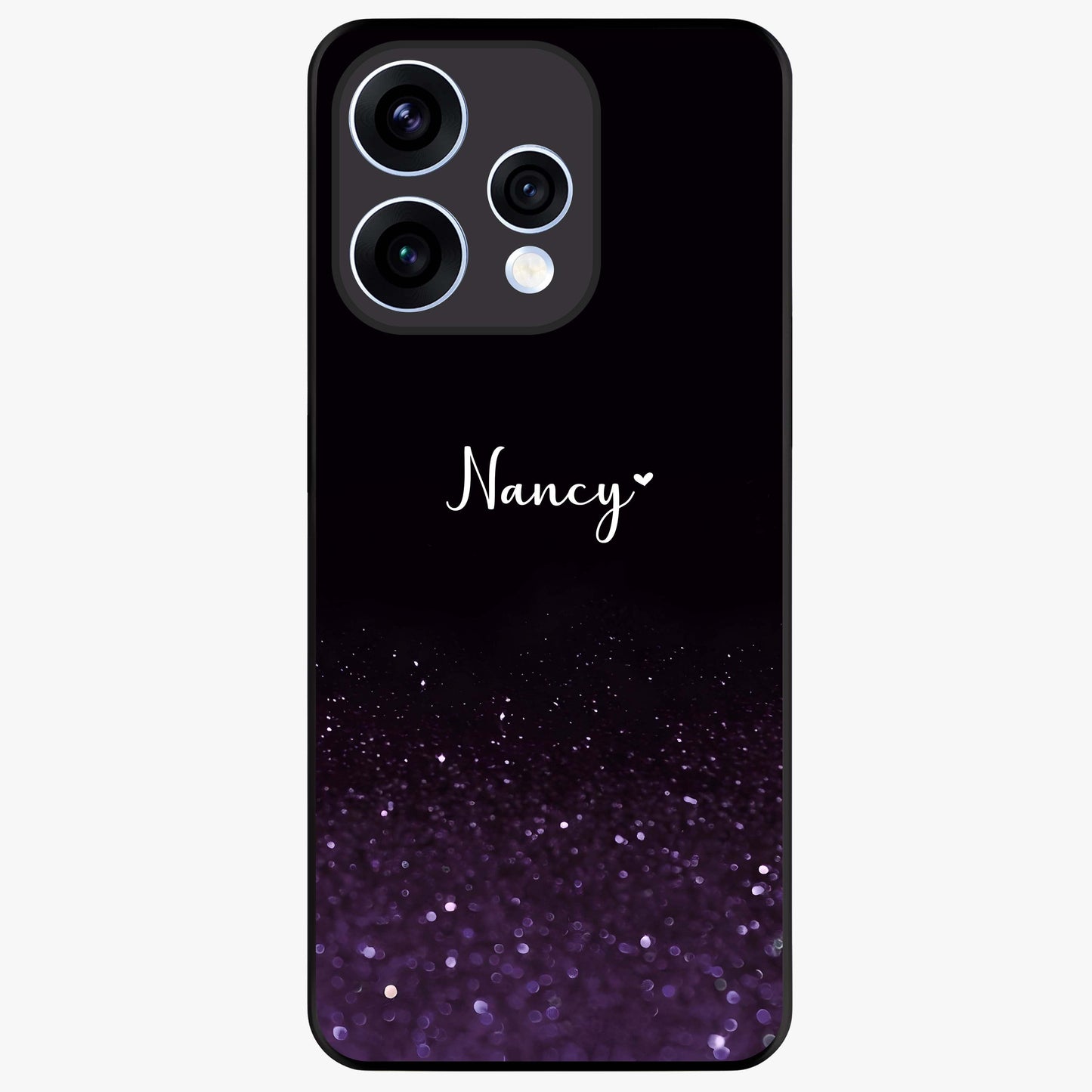 Glittery Purple Bokeh Custom Name Glass Case showing flat back view with purple bokeh sparkle artwork and personalized name design.