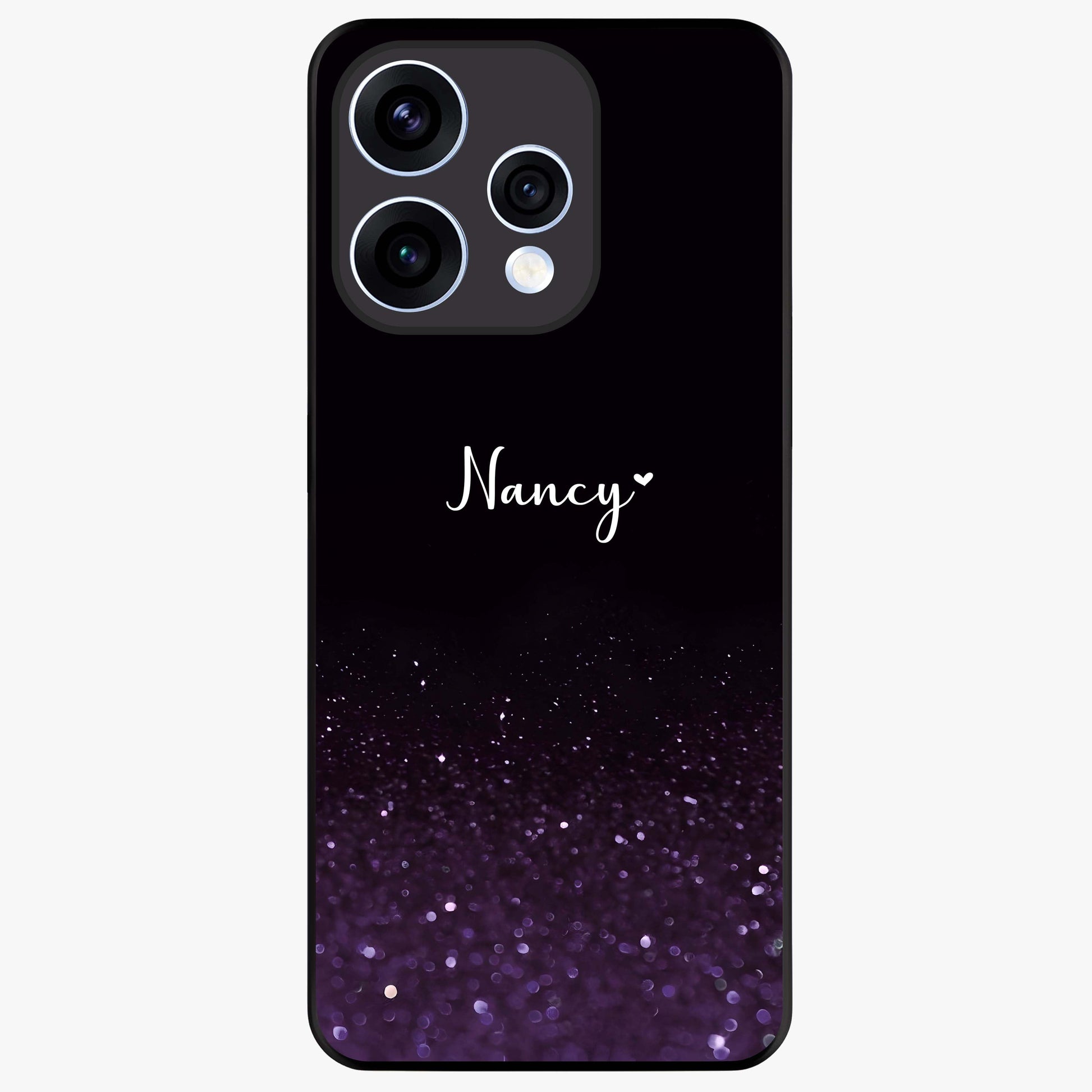 Glittery Purple Bokeh Custom Name Glass Case showing flat back view with purple bokeh sparkle artwork and personalized name design.