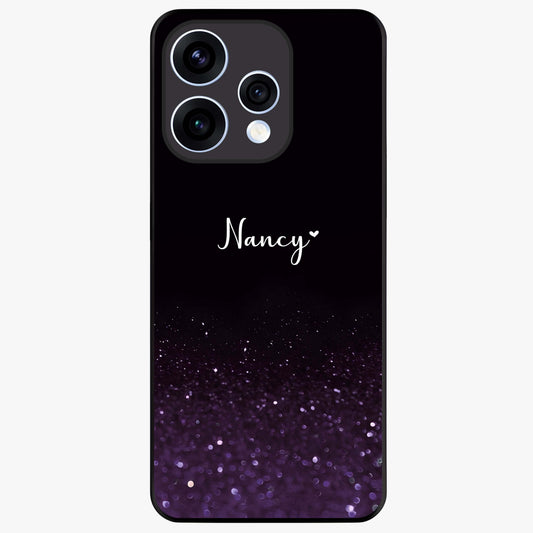 Glittery Purple Bokeh Custom Name Glass Case showing flat back view with purple bokeh sparkle artwork and personalized name design.