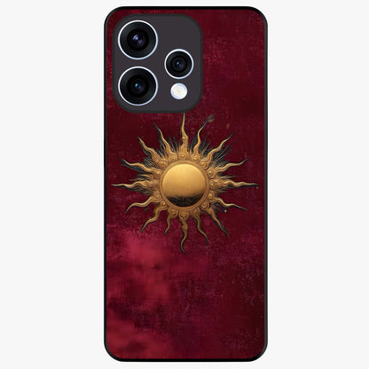 Gold Sun Blush Glass Case showing flat back view with golden sun inspired artwork and glossy glass finish.