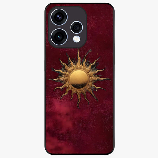 Gold Sun Blush Glass Case showing flat back view with golden sun inspired artwork and glossy glass finish.