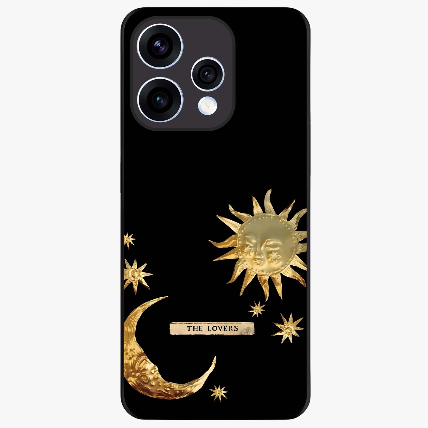 Golden Celestial Charm Glass Case showing flat back view with golden celestial charm artwork and glossy glass finish.