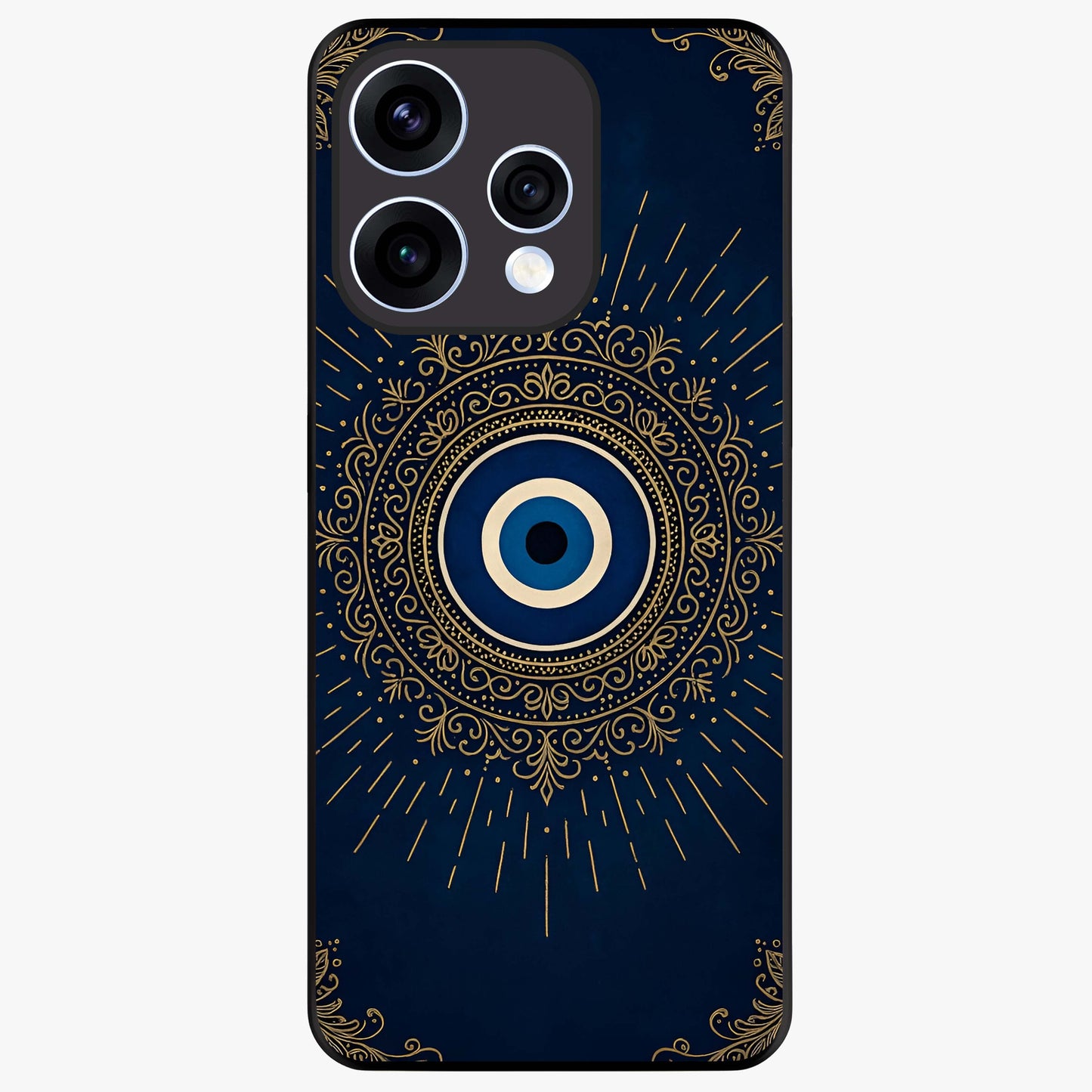 Golden Evil Eye Mandala Glass Case showing flat back view with intricate evil eye mandala artwork and glossy glass finish.