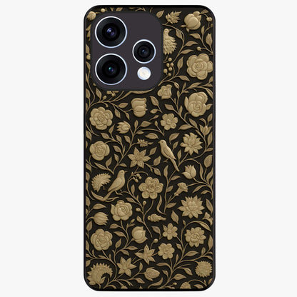 Golden Floral Majesty Glass Case showing flat back view with luxurious golden floral artwork and glossy glass finish.