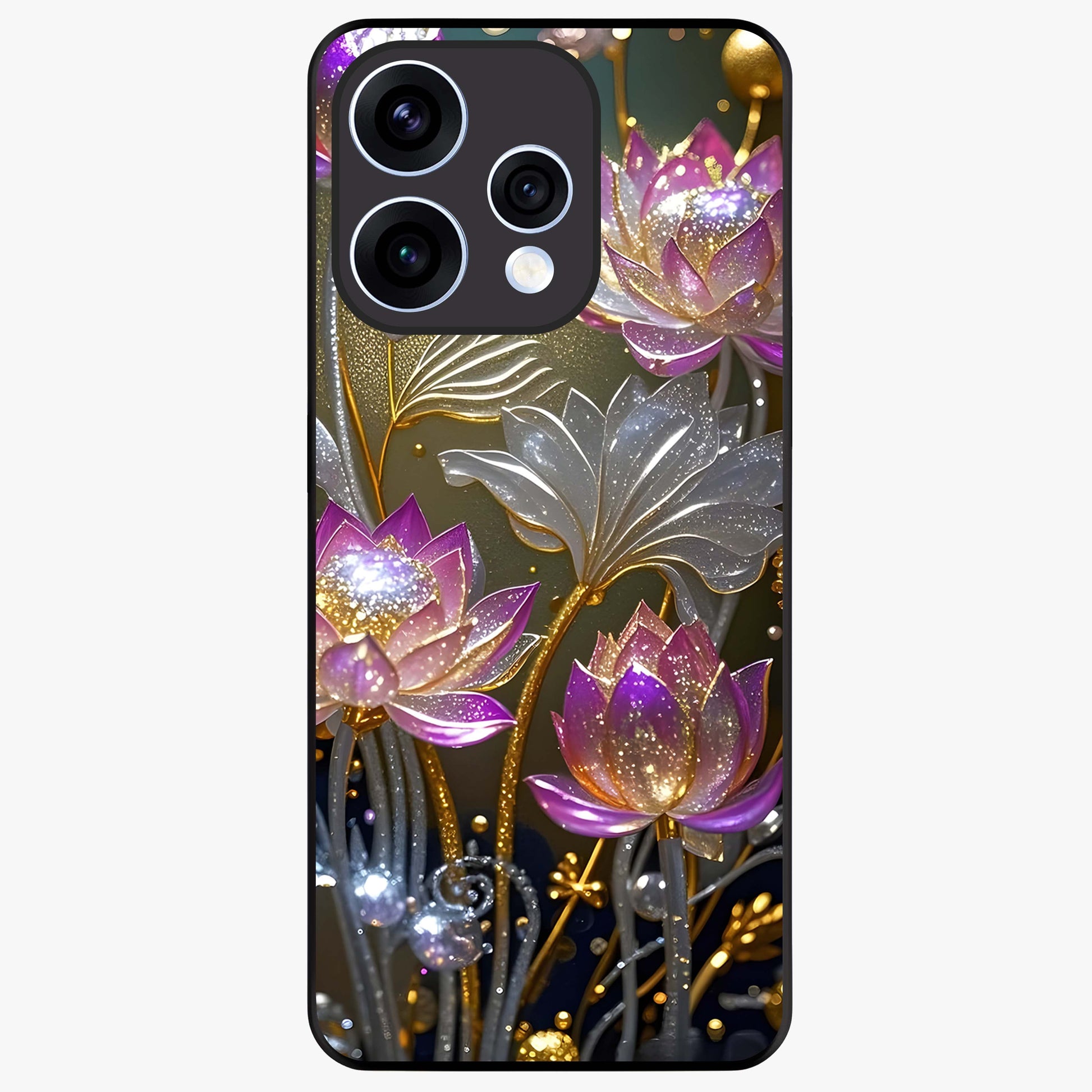 Golden Lotus Glow Glass Case showing flat back view with glowing lotus flower artwork and glossy glass finish.