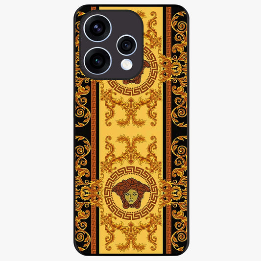 Golden Royal Heritage Glass Case showing flat back view with ornate royal pattern artwork and glossy glass finish.