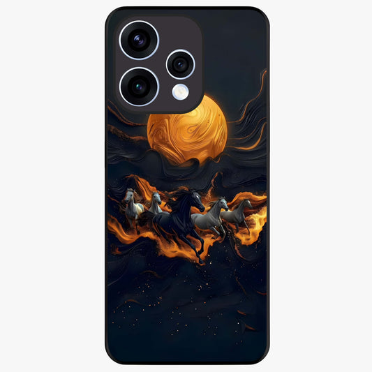 Golden Stallion Moonride Glass Case showing flat back view with majestic horse under moonlight artwork and glossy glass finish.