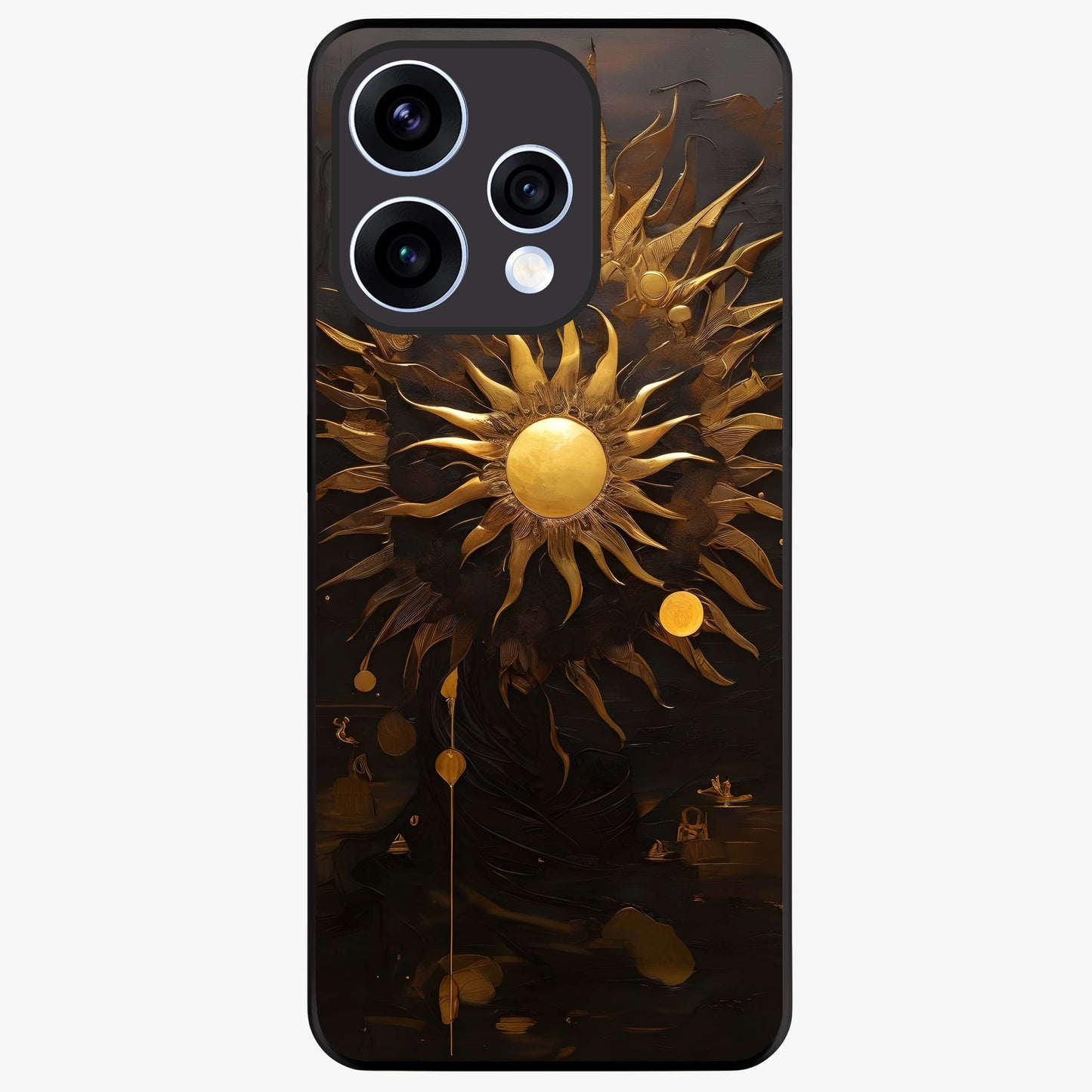 Golden Sun Majesty Glass Case showing flat back view with radiant golden sun artwork and glossy glass finish.