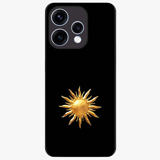 Golden Sun Minimalism Glass Case showing flat back view with minimal golden sun artwork and glossy glass finish.