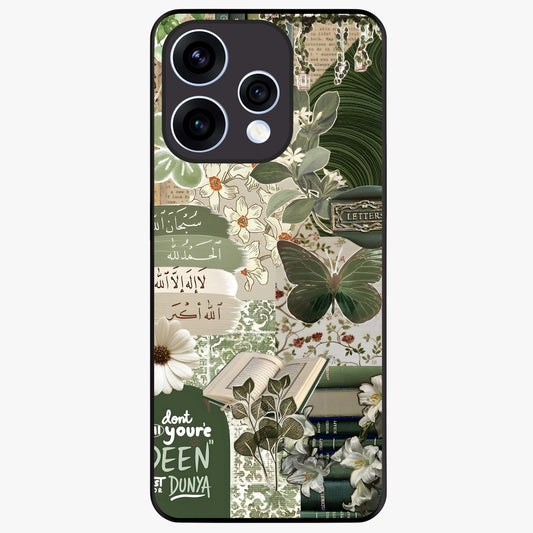 Green Islamic Books Quotes Glass Case showing flat back view with Islamic quotes and book themed artwork and glossy glass finish.