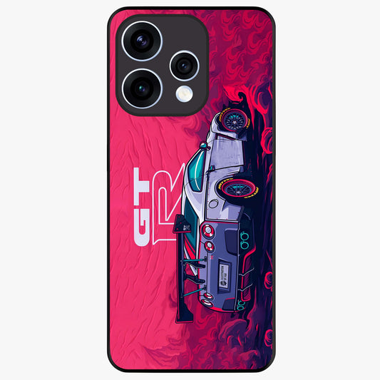 GT-R Car Pattern Glass Case showing flat back view with sporty car inspired pattern artwork and glossy glass finish.