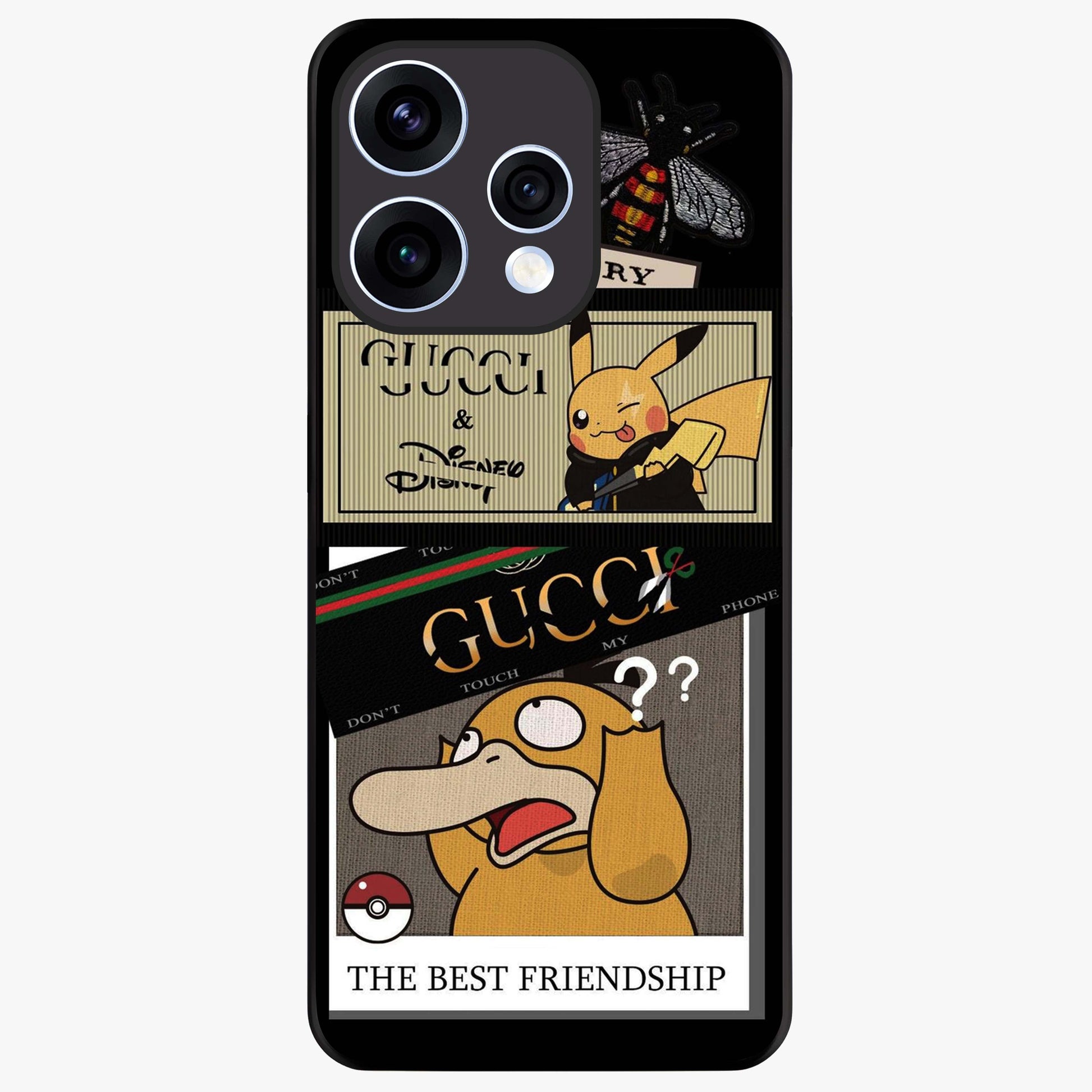 Gucci Play Mashup Glass Case showing flat back view with luxury inspired graphic artwork and glossy glass finish.