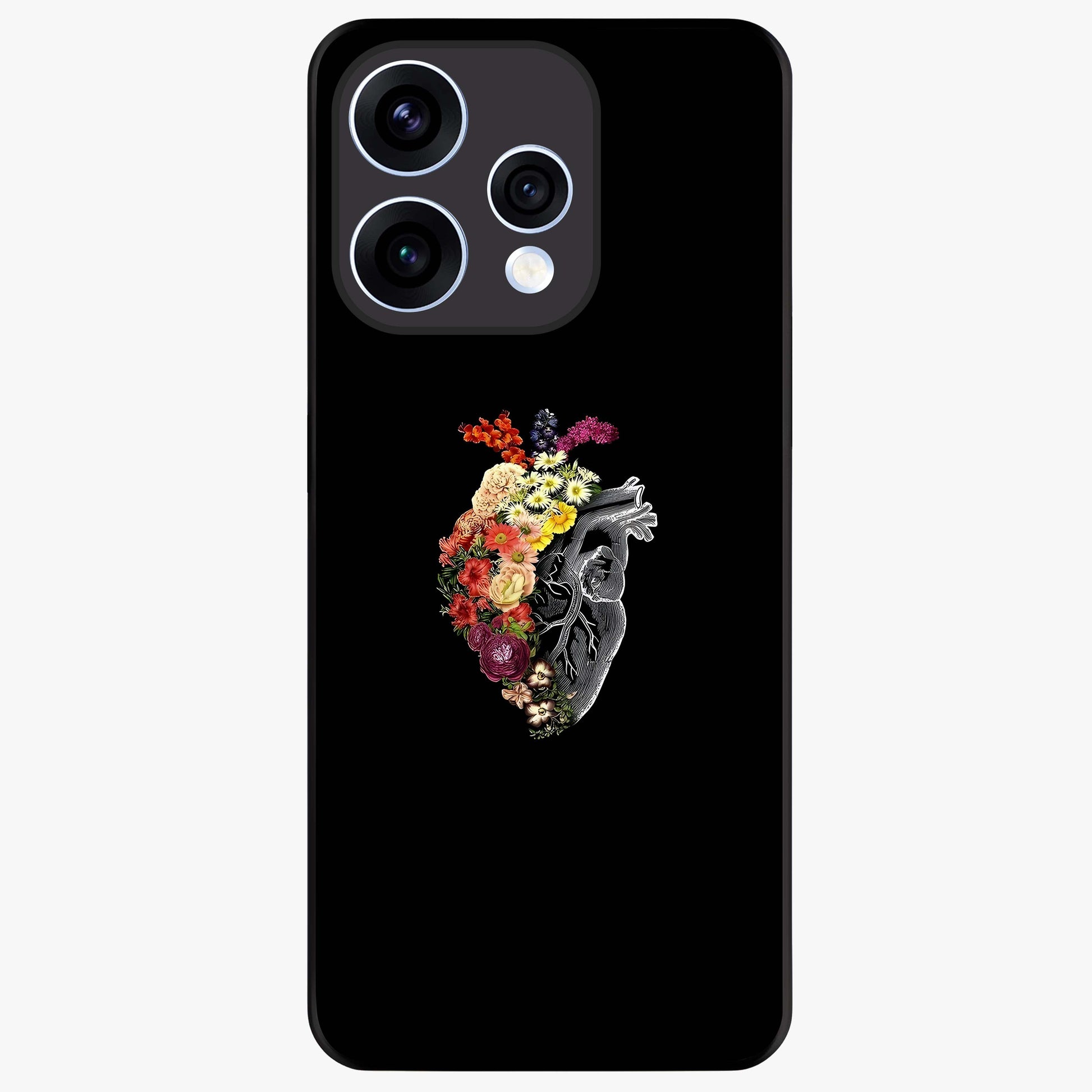 Heart With Flowers Glass Case showing flat back view with heart shaped floral artwork and glossy glass finish.
