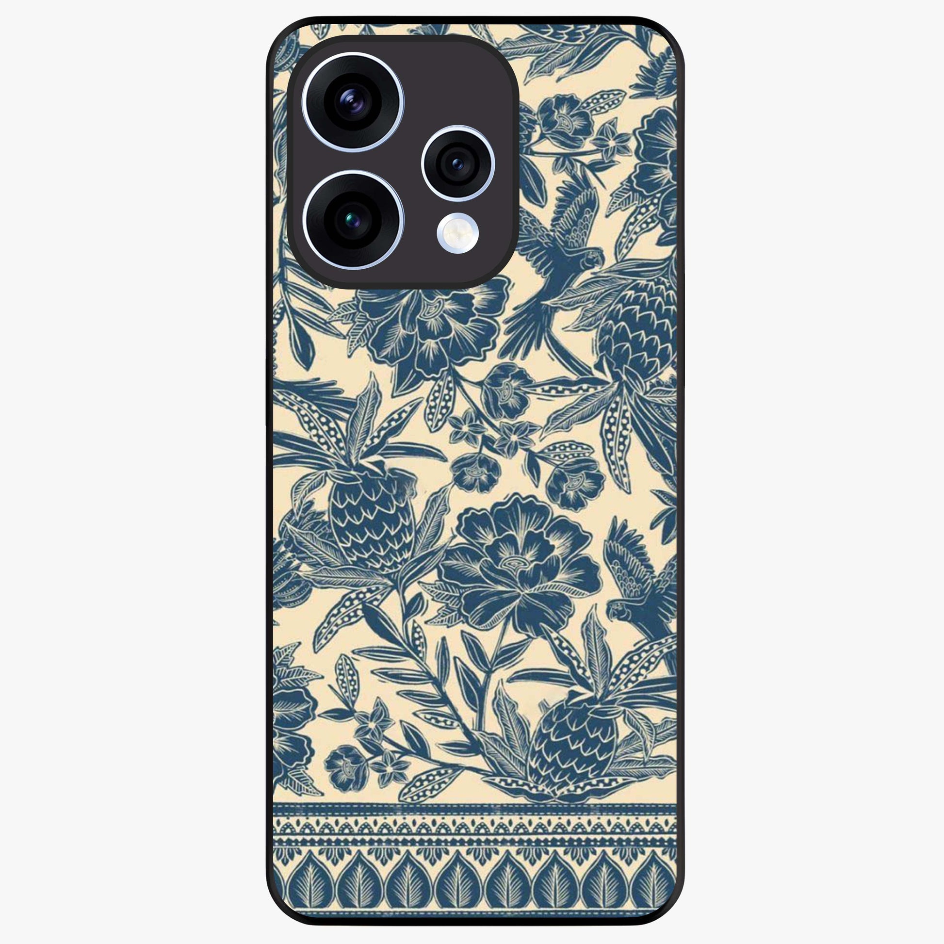 Heirloom Wild Bloom Glass Case showing flat back view with vintage inspired wild flower artwork and glossy glass finish.