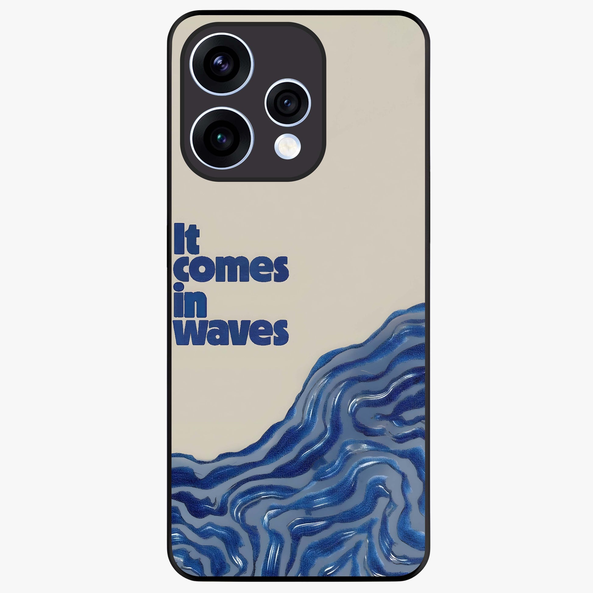 It Comes In Waves Quote Glass Case showing flat back view with inspirational wave themed quote artwork and glossy glass finish.
